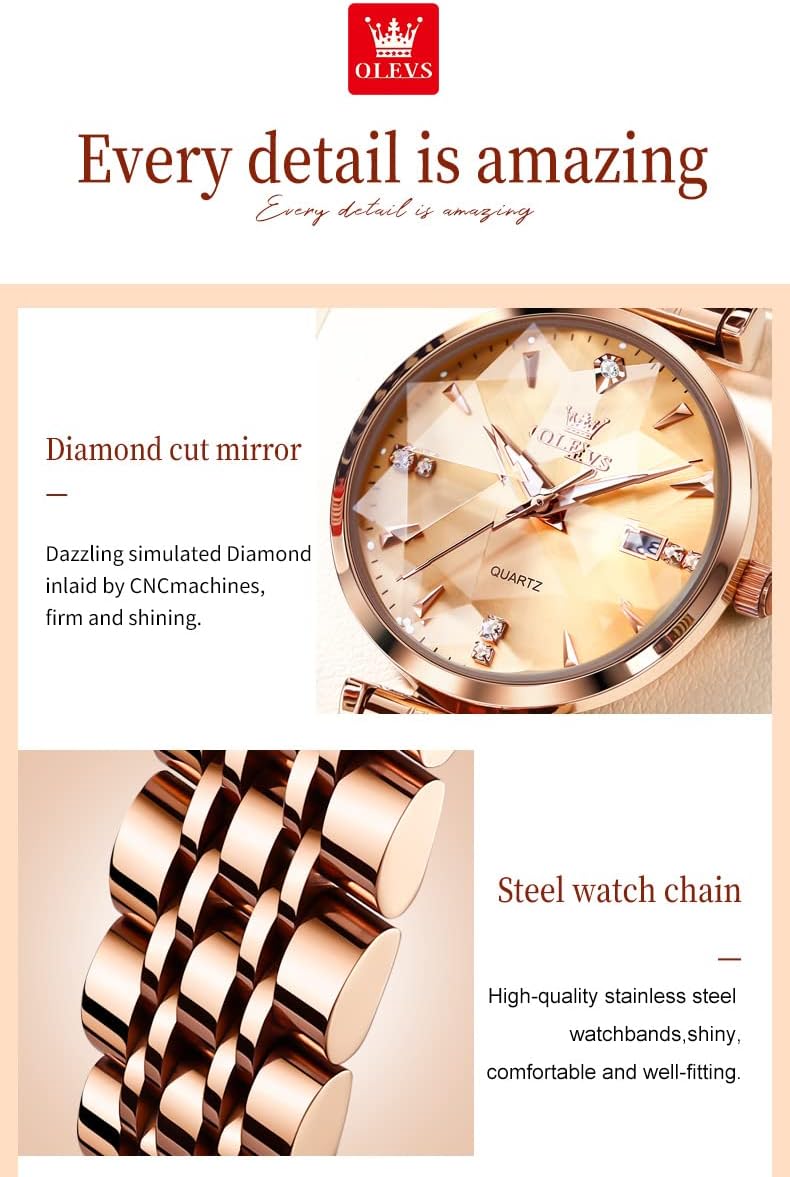 OLEVS Women Watch Fashion Rose Gold Diamond Analog Quartz Female Watches for Women Luxury Dress Ladies Stainless Steel Luminous Waterproof Date Wristwatches image 5 of 9 B0C18VKHLM