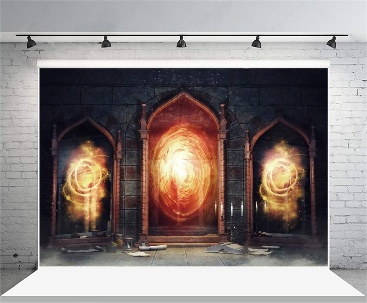 Hottest Sales Laeacco Backdrop 8x6.5ft Vinyl Photography Background Dark Chamber with Magic Mirrors Books and Scrolls Backdrop Candle Spooky Night Castle Arch Door Flame Backdrop Photo Portrait Shoot Video Prop