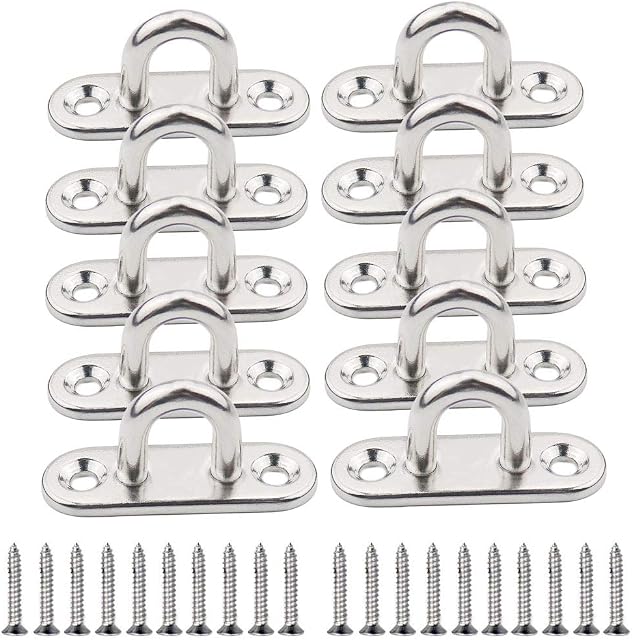 Abimars M5 Oblong Pad Eye Plate Set 10Pcs, 304 Stainless Steel Metal Marine Hardware Staple Ring Ceiling Wall Hook Loop Anchor Mount Hooks With Screws for Hammock Boat Rigging