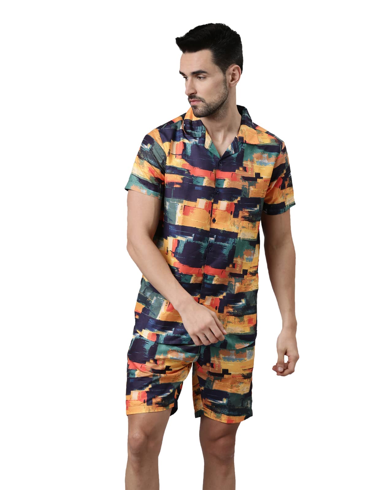 bushirt Men's Regular Orange Printed Pajama Set, Short Sleeves Button Front Night Suit, Relaxed Fit Co-Ords with Chinese Collar & Elastic Waist Pajamas, Stylish & Comfortable Sleepwear - S-picture-36