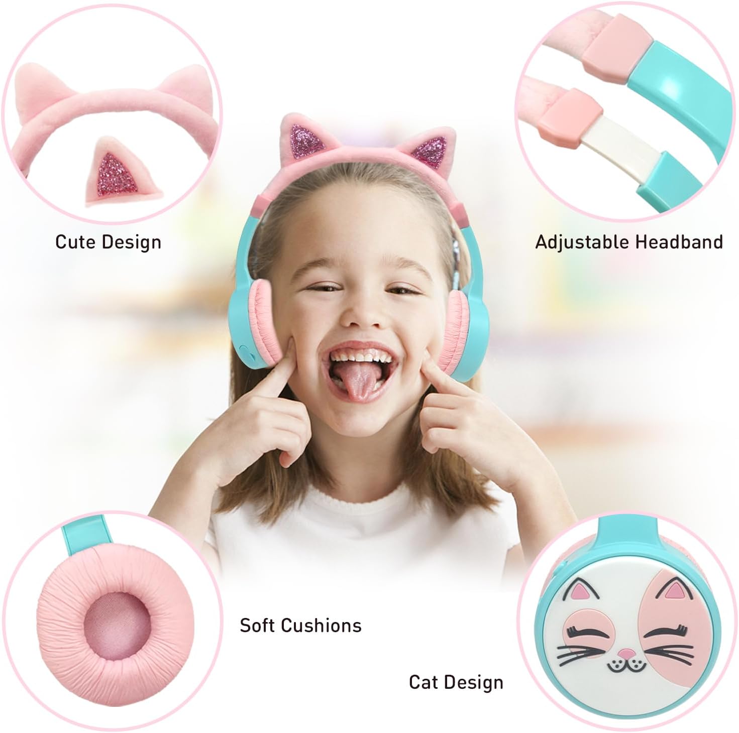 Cat Ear Kids Headphones, Bluetooth Wireless Headphones for Kids, 85dBA Volume Limited, FunShare, Girls Toddlers Children Headset for School/Learning/iPad/Travel
