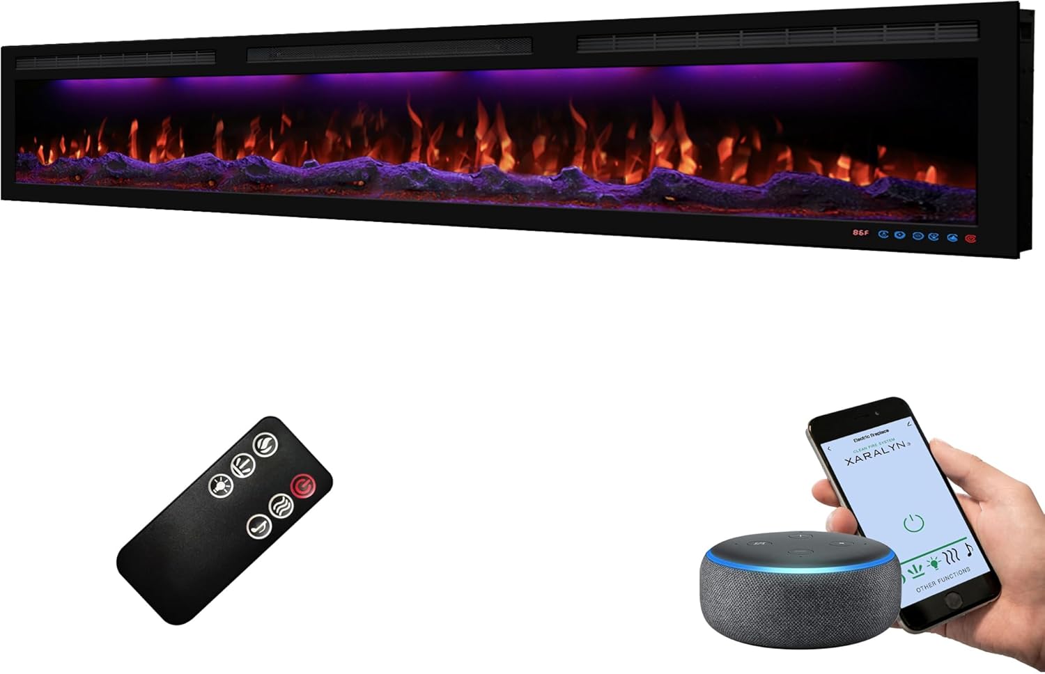 88" WiFi-Enabled Electric Fireplace Inserts, Smart Control via Alexa or App, Recessed & Wall Mounted Fireplace Heater with Thermostat, Slim Frame, Multi-Color Combinations, Black 88Inches