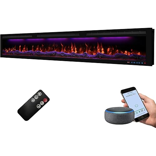 88" WiFi-Enabled Electric Fireplace Inserts, Smart Control via Alexa or App, Recessed & Wall Mounted Fireplace Heater with Thermostat, Slim Frame, Multi-Color Combinations, Black