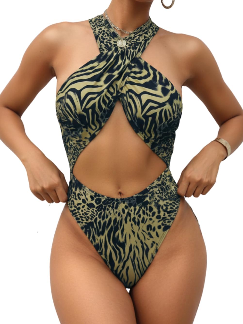 Womens Sexy Halter Monokini, Criss-Cross Underboob, One Piece High-Cut Thong Swimsuit Beach Pool Party Size S-XXL