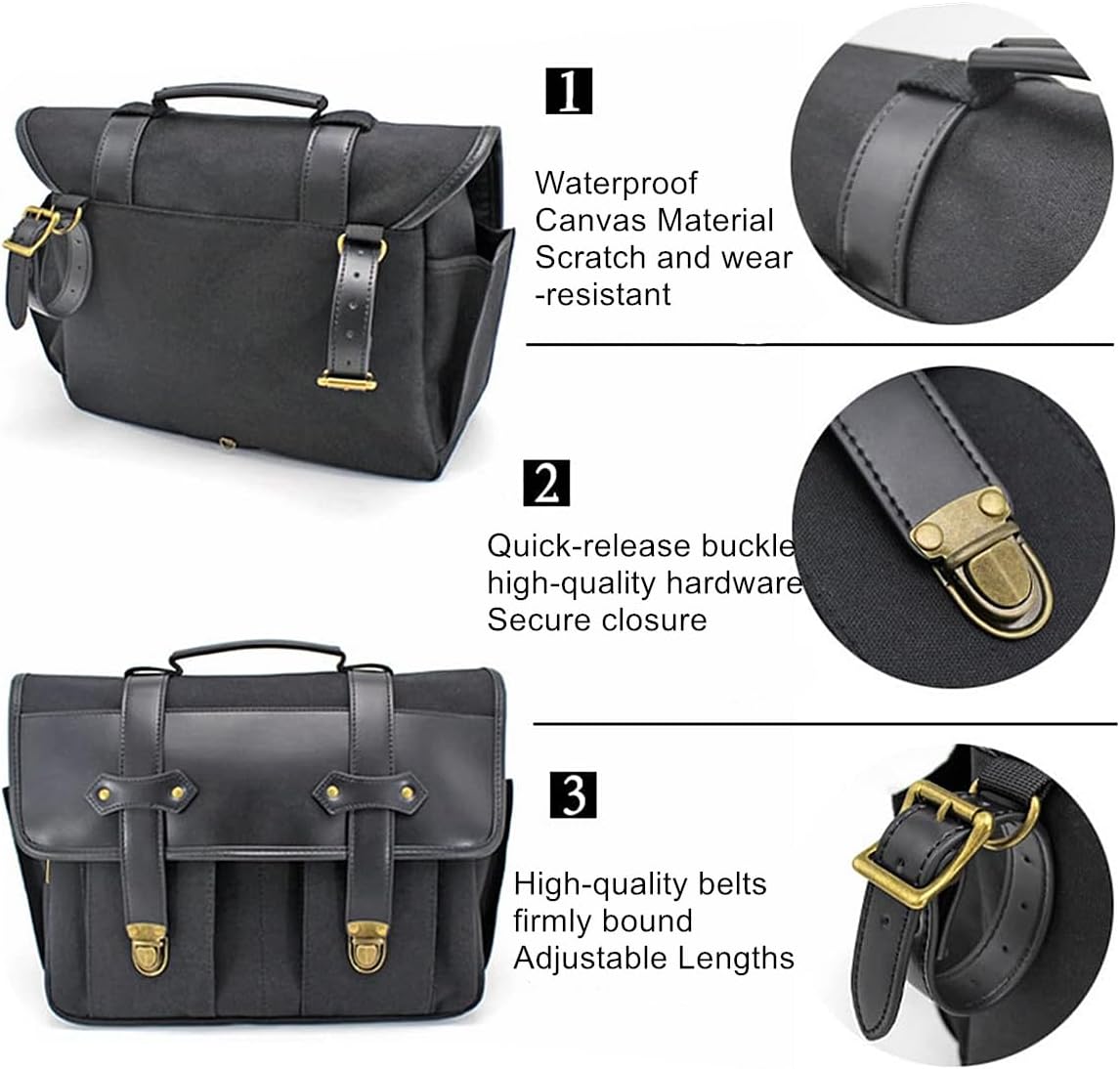 UNISTRENGH 3-in-1 Briefcase Bike Pannier Bags Waterproof Canvas Motorcycle Side Bag Cycling Rack Bag Bicycle Bag for MTB, Riding, Bike Touring, with Leather Splicing (Black (Only one side bag))