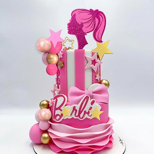 43 decoraciones para tartas de niña de color rosa intenso con lazo rosa y decoración de pastel de estrellas para cumpleaños, baby shower, boda,