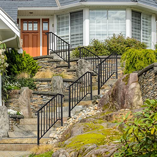 4 Step Handrails for Outdoor Steps, Fit 3 or 4 Steps Outdoor Stair Railing for Concrete Steps, Black Wrought Iron Railing, Exterior Hand Railing for Steps Adjustable Metal Hand Rails for Deck Porch - Thumbnail 5