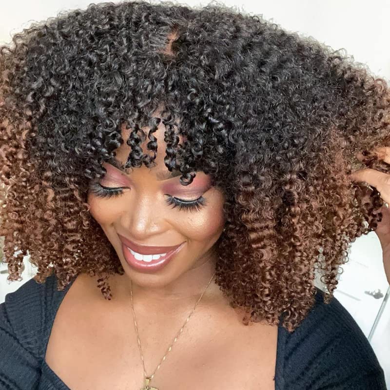 Omber Brown Curly Wigs for Black Women Human Hair No Lace 1b/30# Human Hair with Bangs Fake Scalp Top Flutty Short Curly Wig with Baby Hair (14inch, 130Density)