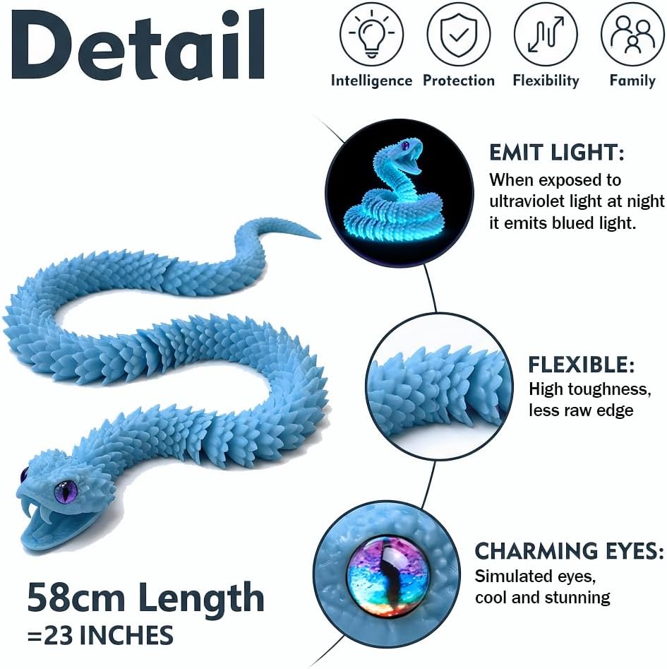3D Printed Blue Viper Snake, 23" Glow in the Dark Articulated Snake Sculpture with Movable Jaw & Fangs, PLA Desk Decor for Display Shelves & Adult Collectors