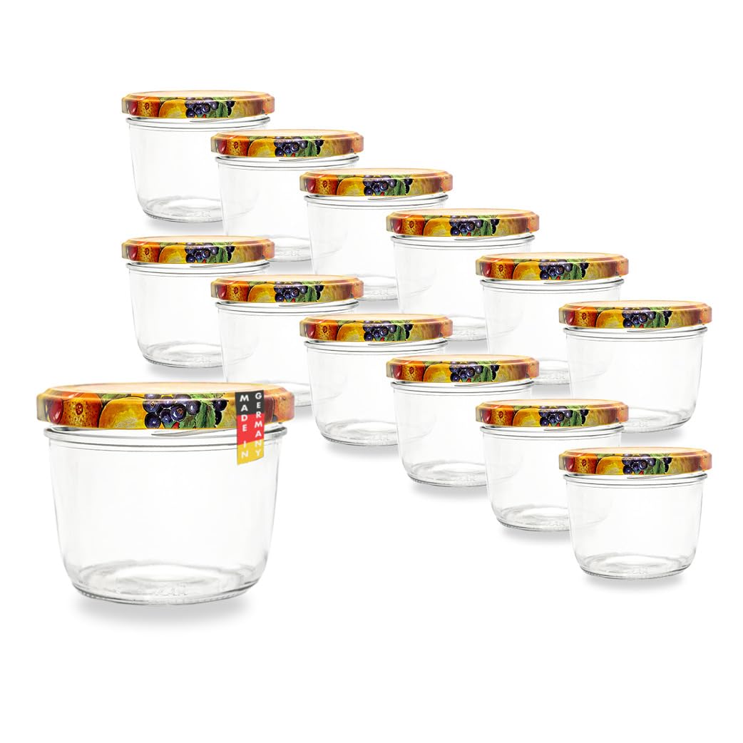 Lot De 12 Bocaux En Verre Flaschenbauer 230 Ml - Avec Couvercles Twist-Off Colorés - Pour Confiture, Miel, Sauces