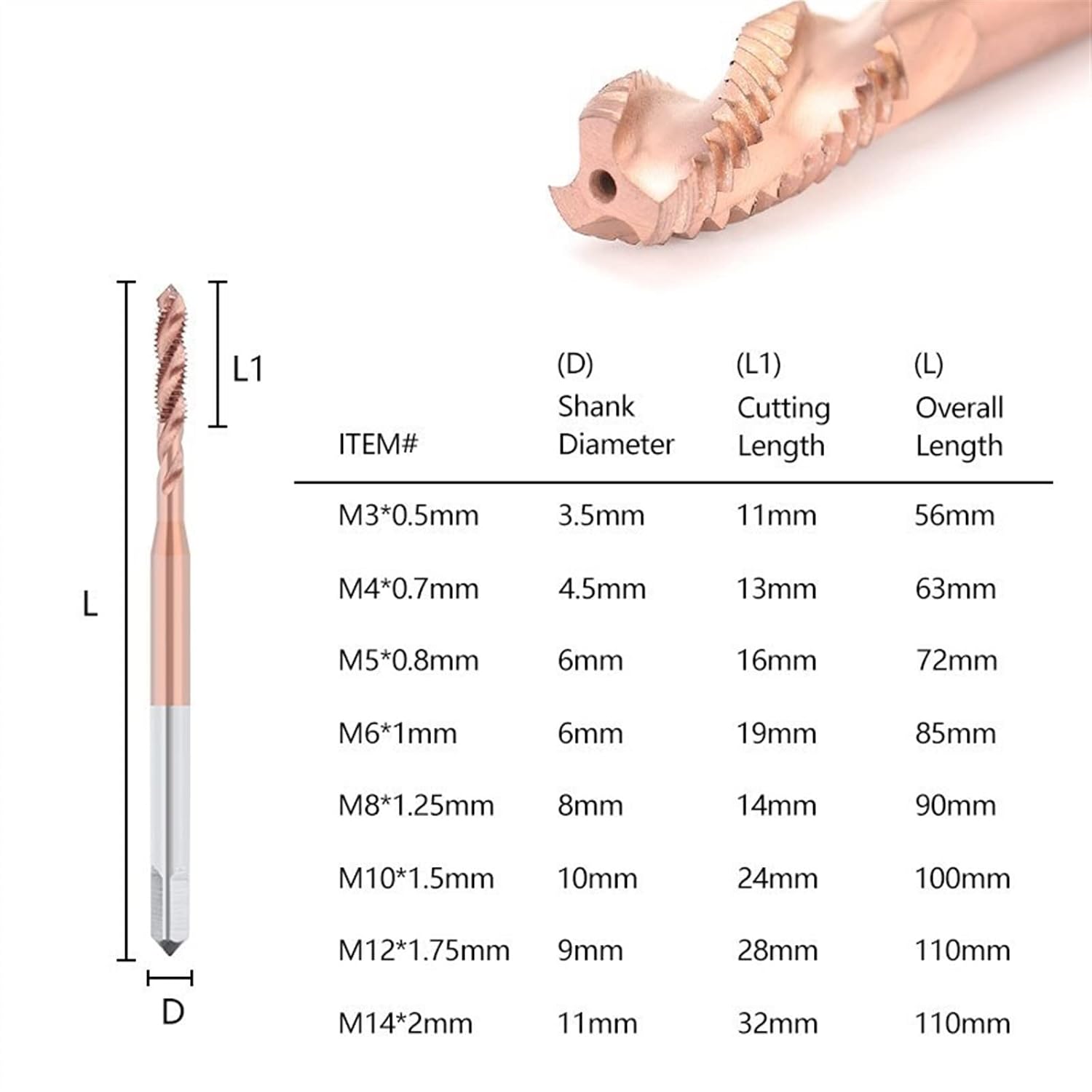 Thread Tap DIN371 Coated Machine M3/M4/M5/M6/M8/M10/M12/M14 Metric Screw Drill Bit Threading Tools 1Pcs(M14x2.0)