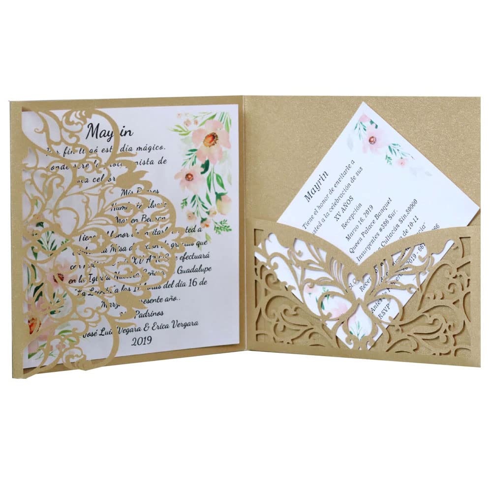 50 pz 5.9"x 5.9" Avorio Vintage Tri Fold Inviti di Nozze Carte Tasca Perla Carta Laser Cut Hollow Carving Auguri invita Copertine