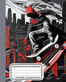 Composition Notebook College Ruled: Aesthetic Notebook - Skateboarding Teen Notebook - 7.5" x 9.25", 110 pgs - Black and Red School Notebook - Teen Boys School Supplies - Skateboard Teen Boy Gifts