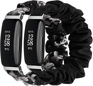 Compatible with Fitbit Inspire 2 & Ace 3 & Inspire HR & Inspire Bands Women Girl, Scrunchie Soft Elegant Pattern Wristband Elastic Stretch Bracelet Strap for Inspire 2 / Ace 3 / Inspire HR Fitness Tracker (Small, Black+Black Gray)