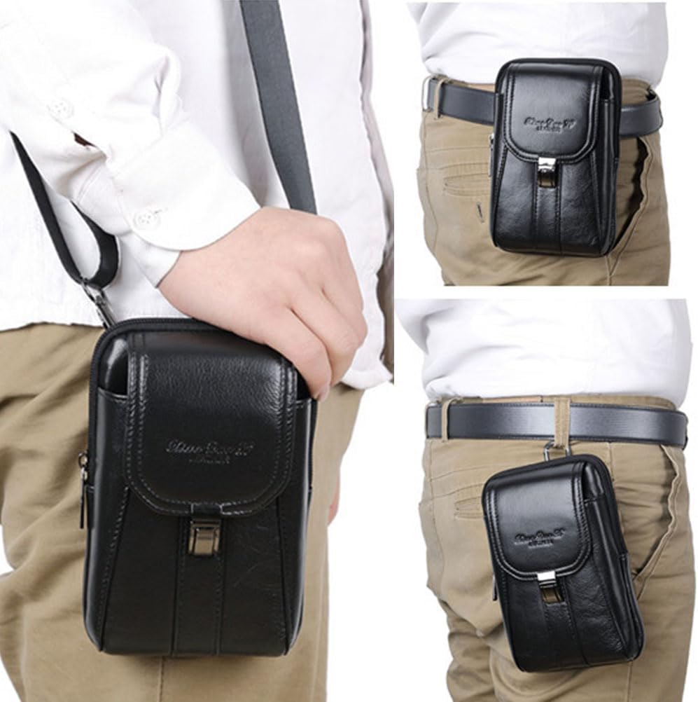 Cow Top Layer Leather Waist Belt Bag Small Classic Side Fanny Pack Hip Bum Purse Smartphone Pouch Model 12-Black