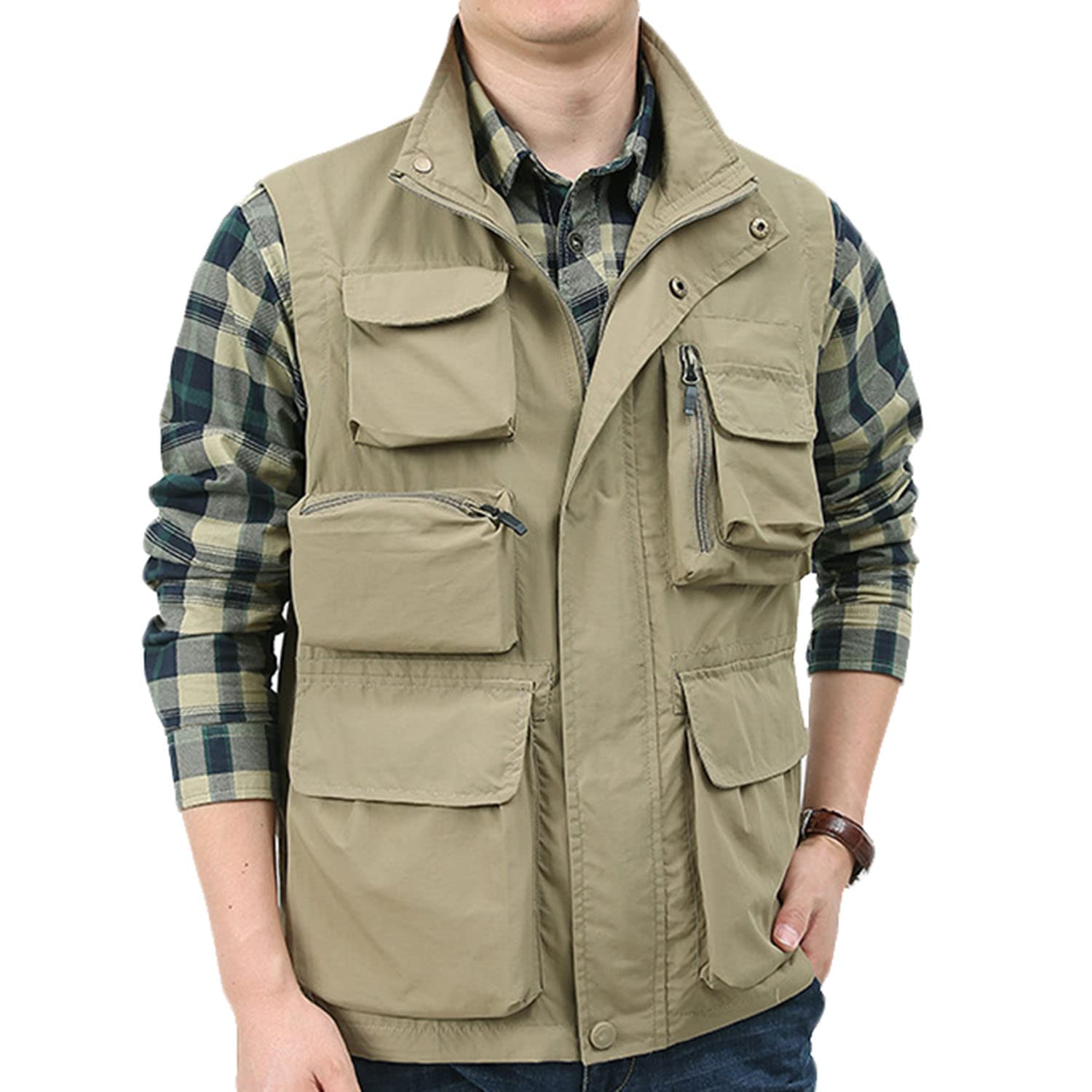 Chaleco Sin Mangas con Multibolsillos para Hombre Chaleco De Pesca Exterior Chaleco Casual Multifuncional Chaqueta Impermeable De Secado Rápido