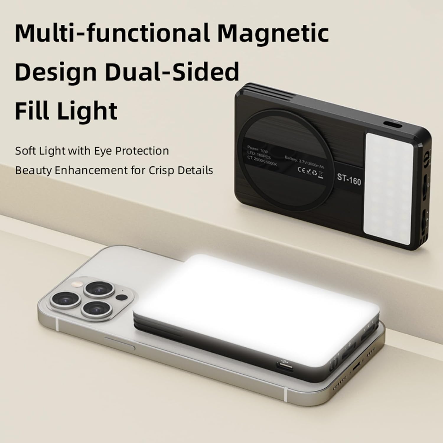 Magnetic Phone Light - 3 Color Temperature, 160 LED Selfie Light with Clip for Phone, Camera, Laptop, iPad, 3000mAh Portable Video Light for TikTok/Vlog,/Zoom Calls,/Makeup (Black)
