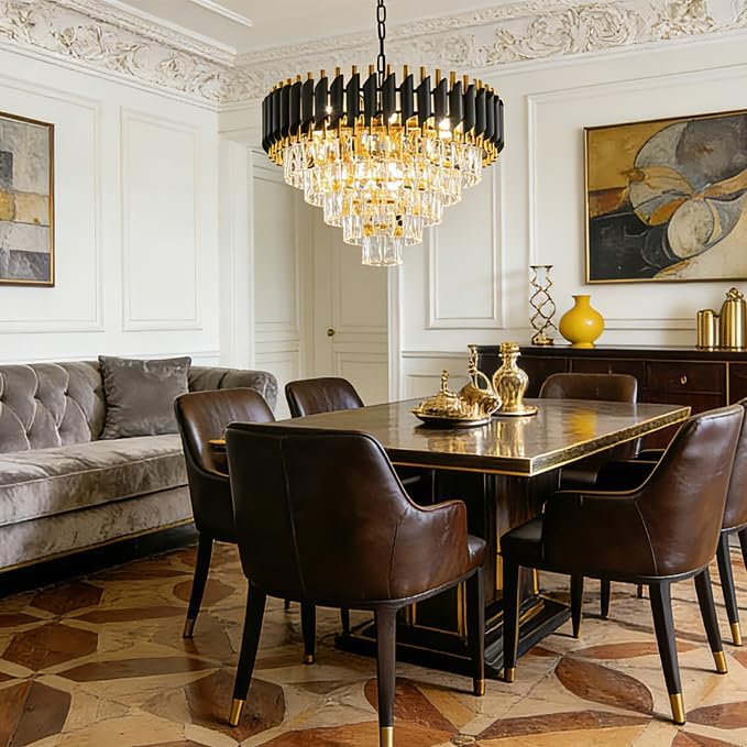 Black and Gold Crystal Chandelier, 24 Inch Black Chandelier Pendant Light 5-Tier with K9 Crystals Chandeliers for Dining Room, Bedroom, Kitchen Island, Entryway