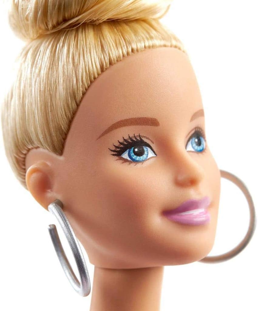 Barbie Fashionistas Doll #142 with Blonde Updo Hair Wearing Pink & Golden Plaid Dress, White Sneakers & Earrings, Toy for Kids 3 to 8 Years Old