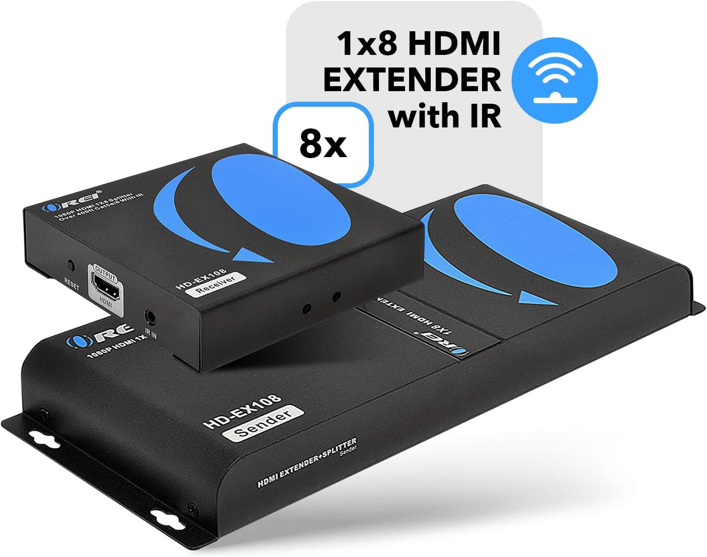 OREI 1080P 1x8 HDMI over Ethernet Extender Splitter CAT6/7 Over Cable Full HD with IR Remote EDID Management - Up to 400 Ft - Low Latency - Full Support, 1x8 upto 395 FT (HD-EX108)