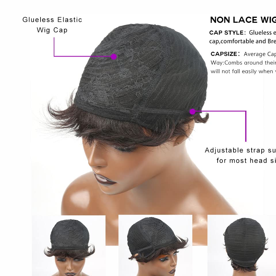 Short Pixie Cut Human Hair Wigs Brazilian Straight Hair Wigs None Lace Front Wigs Machine Made Wig for Black Women Natural color (8INCH, 1B)