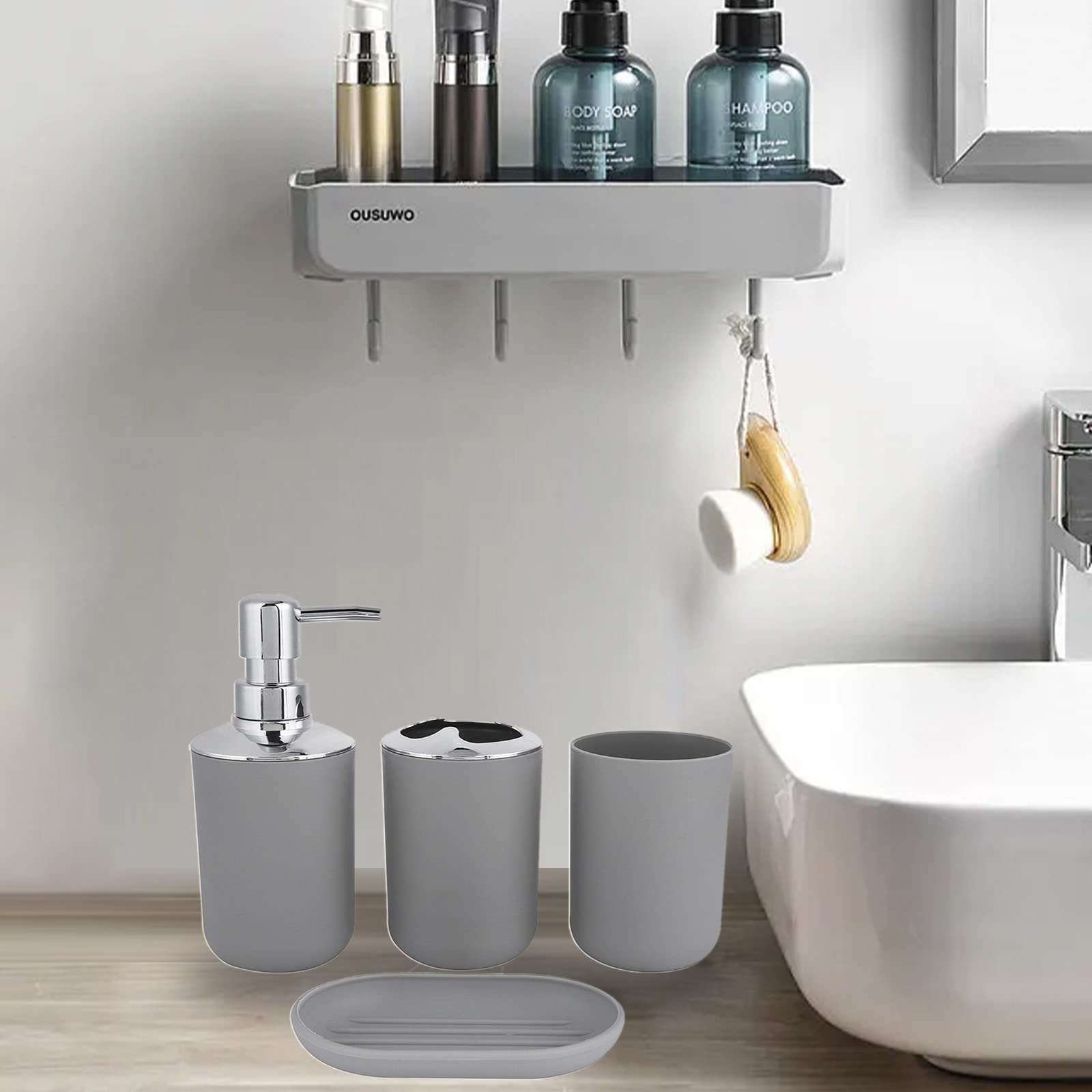 Ensemble De 4 Accessoires De Salle De Bain En Céramique Avec Distributeur De Savon, Gobelets, Porte-Savon (Blanc