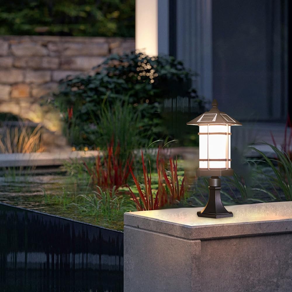 Solar Lantern Post Light Outdoor Column Lamp IP65 Waterproof Pillar Pole Lighting Fixture, Exterior Solar Powered Lamps for Garden, Yard, Landscape, Pathway