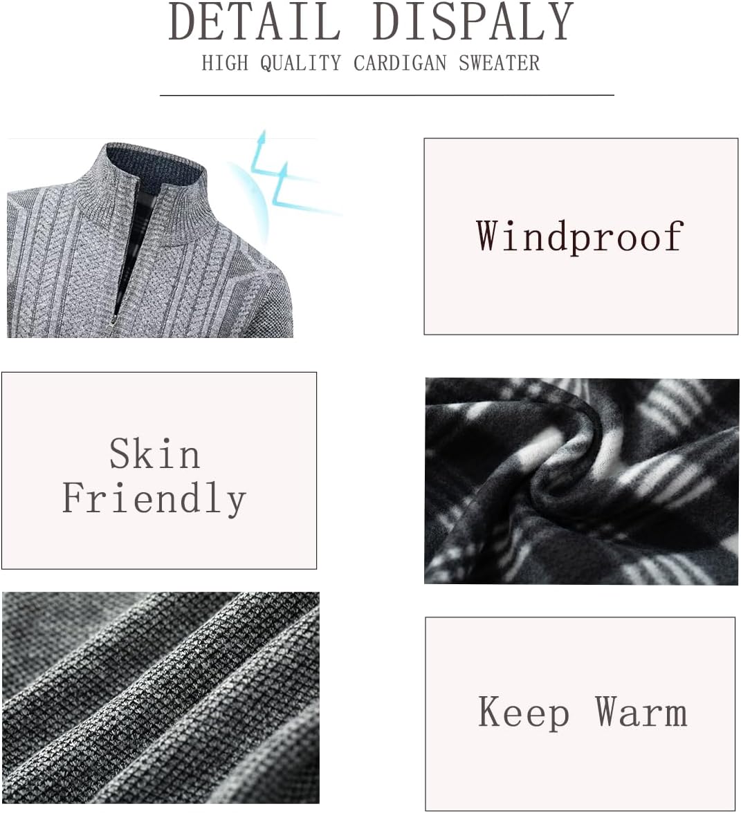 Men's Cardigan Sweaters Full Zip Stand Collar Slim Fit Cable Knit Long Sleeve Casual Sweater with Pockets