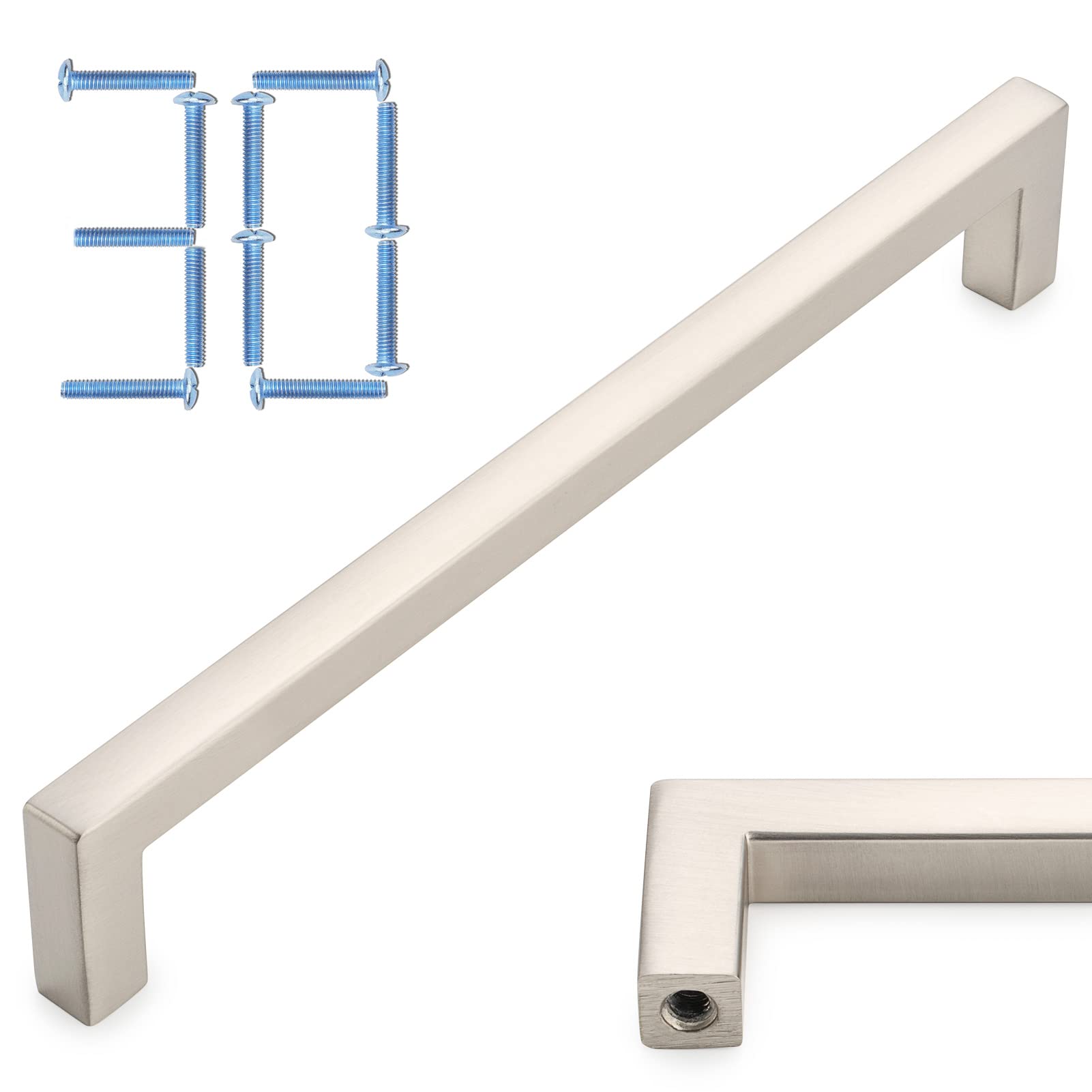 KOOFIZO 30-Pack Solid Square Bar Cabinet Handle - Brushed Nickel Furniture Pull, 6.3 Inch/160mm Screwhole Distance for Kitchen Cupboard Door, Bedroom Dresser Drawer, Bathroom Wardrobe Hardware — image 1