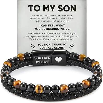 The Guardian - Sons Tiger Eye Protection Bracelet for Men, To My Son Bracelet from Mom Leather Black Beaded Bracelet, Handmade Cuff Inspirational Jewelry for Gift for Christmas Birthday