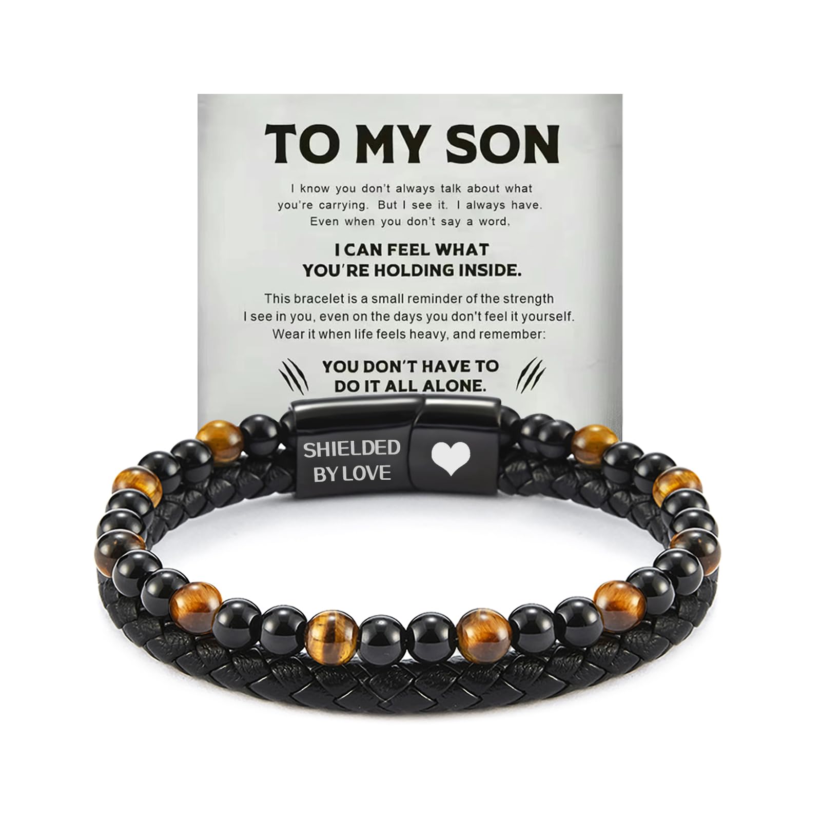 HNLUGF The Guardian - Son's Tiger Eye Protection Bracelet for Men, To My Son Bracelet from Mom Leather Black Beaded Bracelet, Handmade Cuff