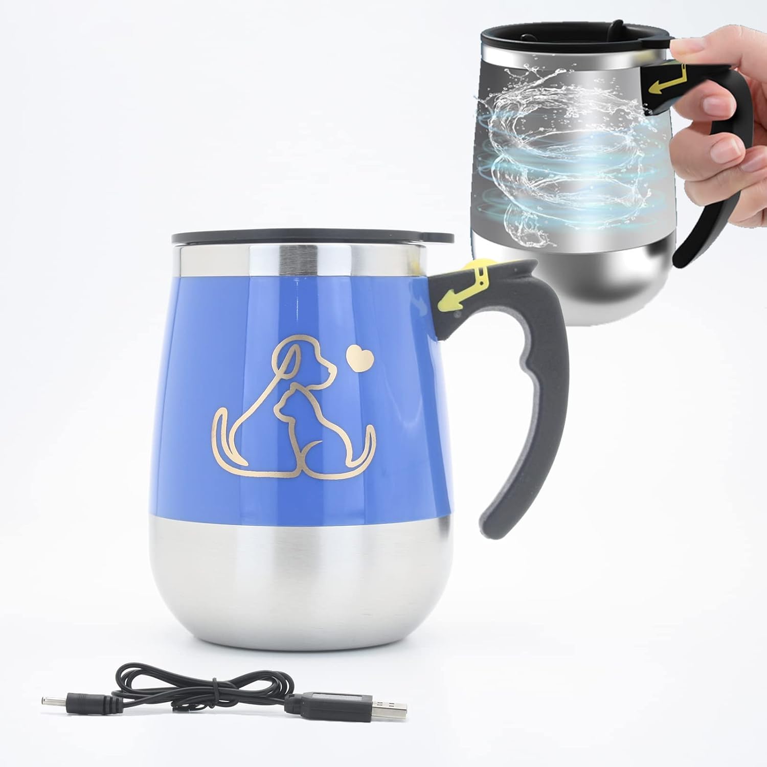 Rechargeable Self Stirring Mug - Magnetic Electric Auto Mixing Stainless Steel Cup for Office/Kitchen/Travel/Home Coffee/Tea/Hot Chocolate/Milk-390 ml/13.2 oz(Blue)