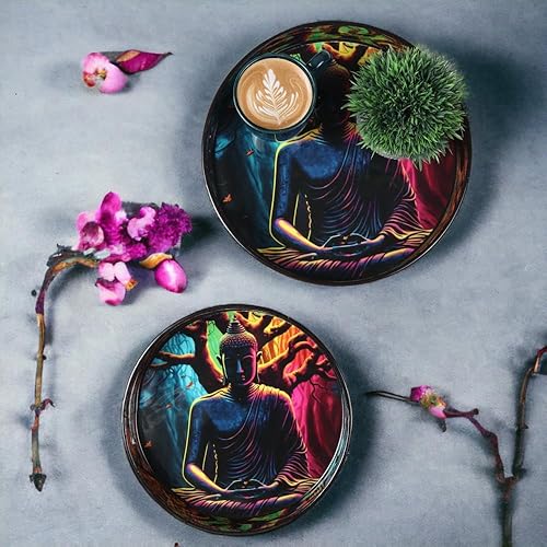 Miniatura 7 de Crocon Bandejas decorativas redondas para servir para mesa de café, desayuno, Buda, juego de 2 portavelas, centros de mesa multiusos para comedor,