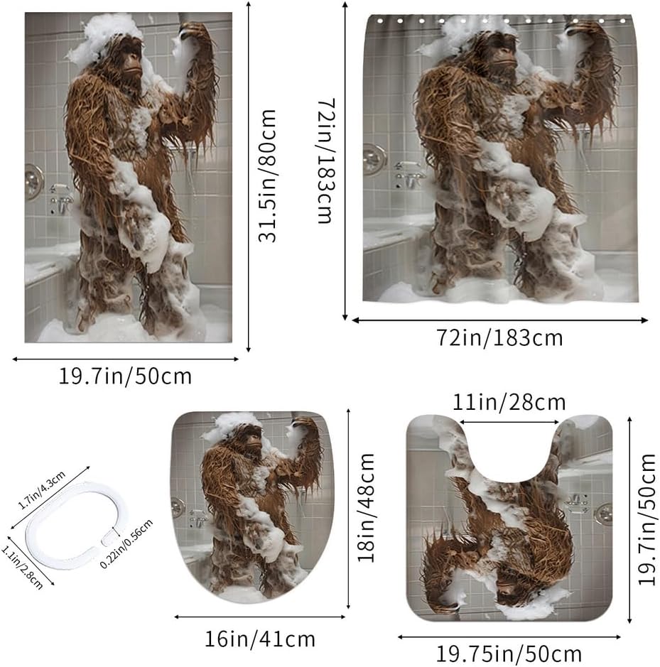 4PCS Funny Animal Shower Curtain with Rug Fancy Humor Bigfoot Showing in Toliet Animal Bathroom Sets Vintage Bigfoot Sasquatch Cool Mens Boys Gifts Retro Shower Curtains with 12 Hooks