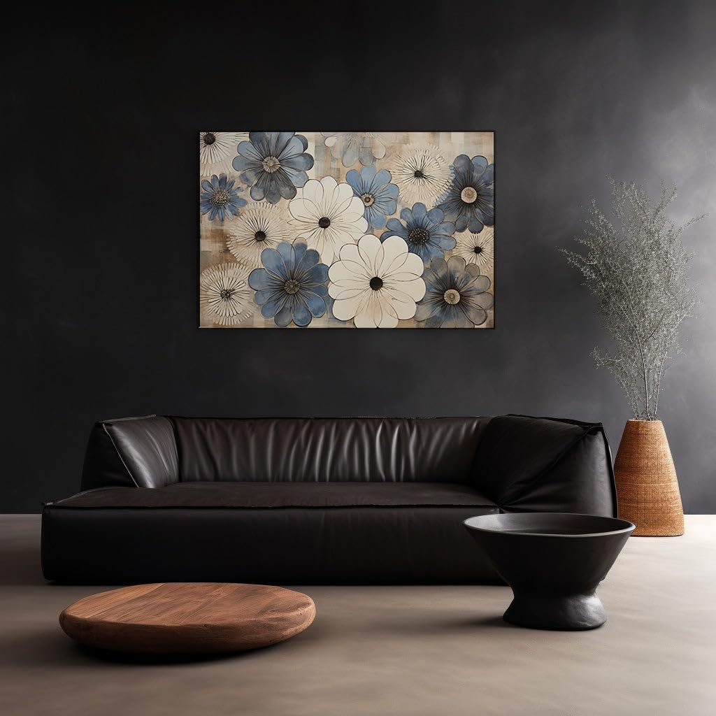 Canvas for Living room. Whimsical Florals in Blue and White A Serene Artistic Expression Drafted Against Earthy Tones, 27 x 18 inch Canvas Wall Art - Contemporary Masterpieces - Botanical Home Decor