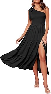 Women's Summer One Shoulder Sleeveless Knot Smocked Midi Dress Split Tiered Flowy Dresses - Buy now