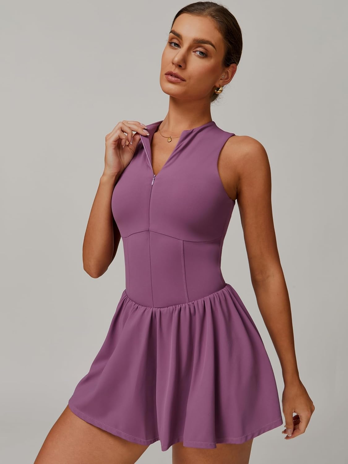 ABOCIW Womens Zip Front Tennis Dress High Neck Sleeveless Workout Golf Dresses Build in Shorts with Pockets - Image 4