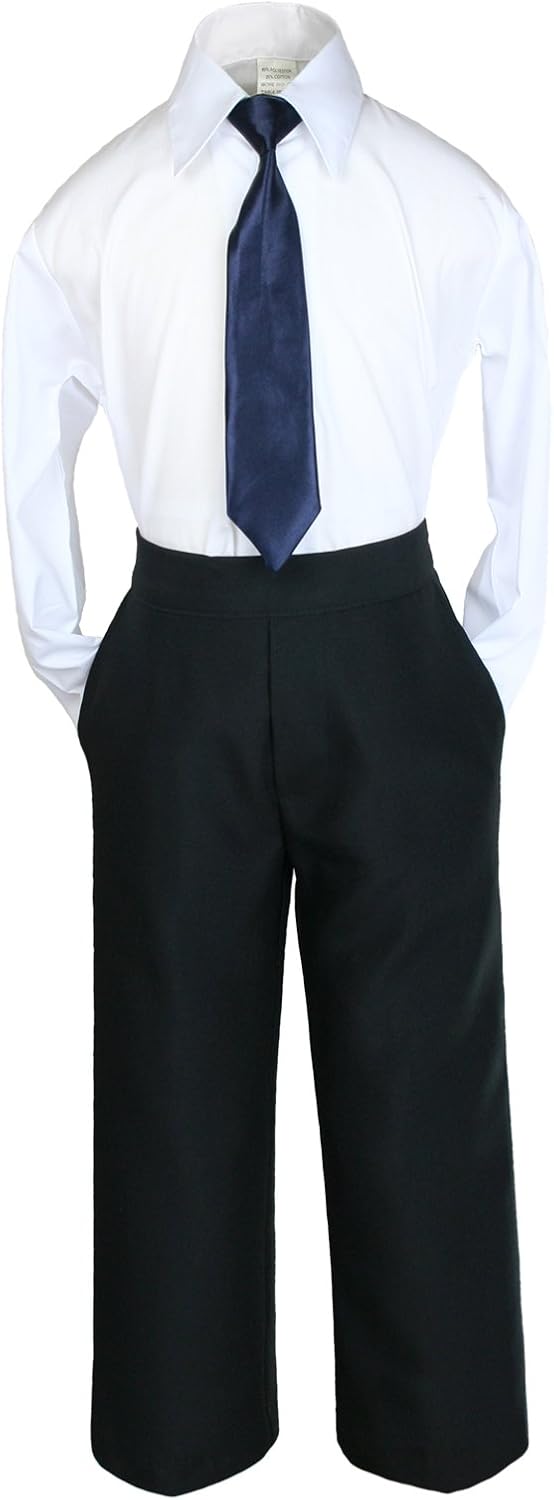 6pc Boy Black Vest Set Formal Tuxedo Suits with Satin Navy Necktie Baby to Teen