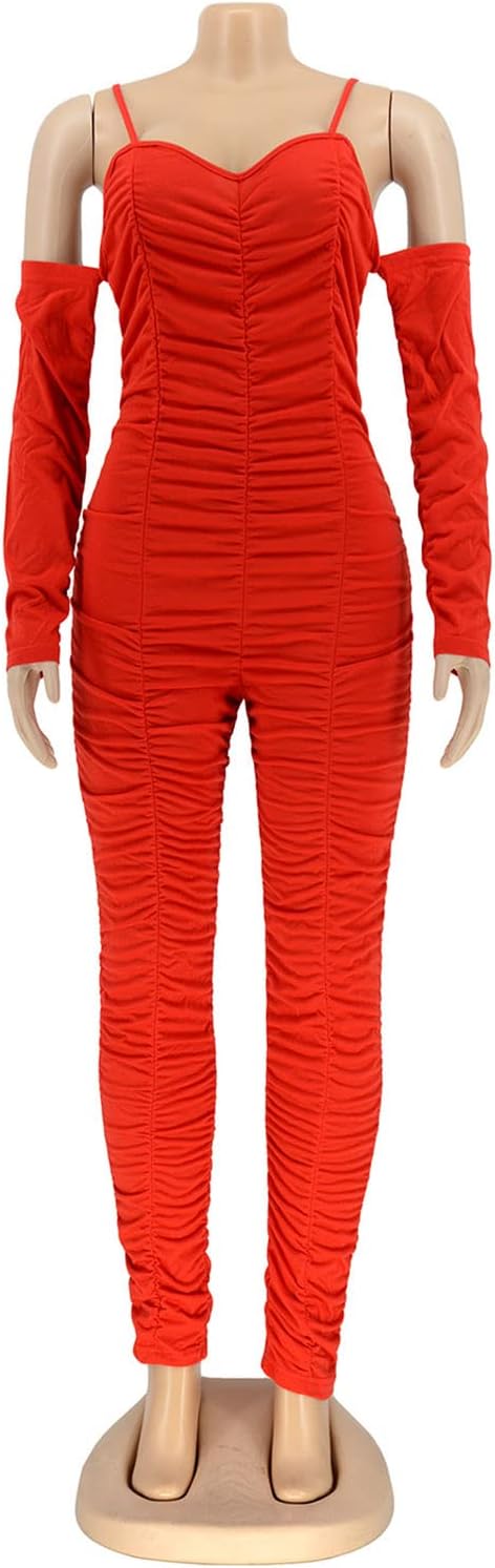WOKANSE Women's Sexy Ruched One Piece Bodycon Cold Shoulder Long Sleeves Solid Jumpsuits Long Pants Romper - Image 4