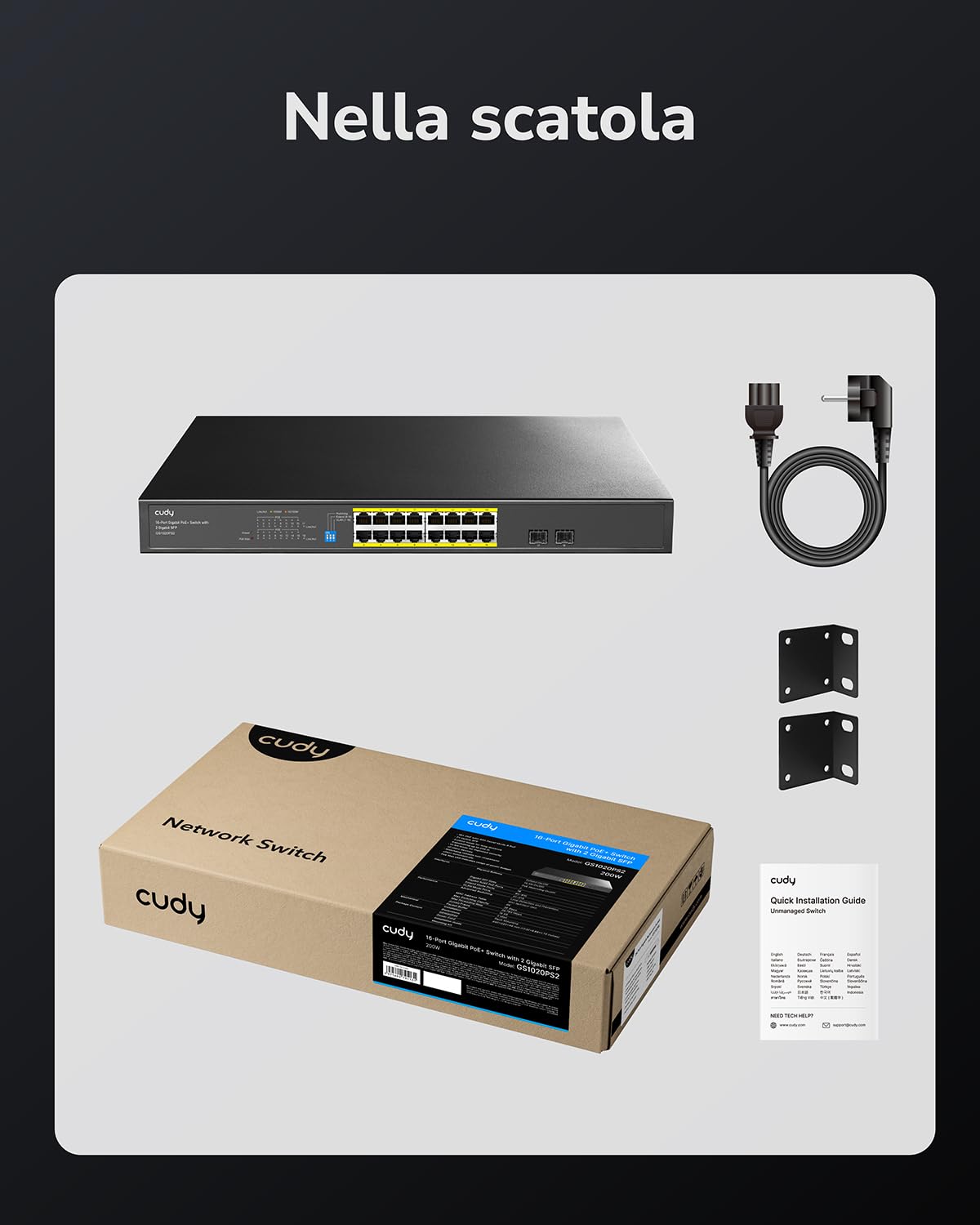 Cudy 16 Gigabit Ethernet non gestito PoE+ Switch, 200 W, 16 porte Gigabit PoE+, 2 SFP, CCTV/VLAN/Extend, montaggio a rack da 19", 802.3af/at, GS1020PS2 | Standard IEEE 802.3af/at, Modalità Isolamento VLAN, CCTV Extend 250m, Montaggio Rack 19", per Camere