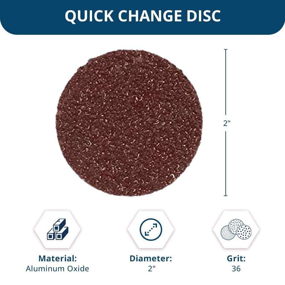 Benchmark Abrasives 2 Inch Sanding Discs Quick Change Aluminum Oxide Male R-Type Backing with Mandrel Disc Holder for Deburring Polishing Rust Remover for Metal Paint Stripper (25 Pack) - 36 Grit