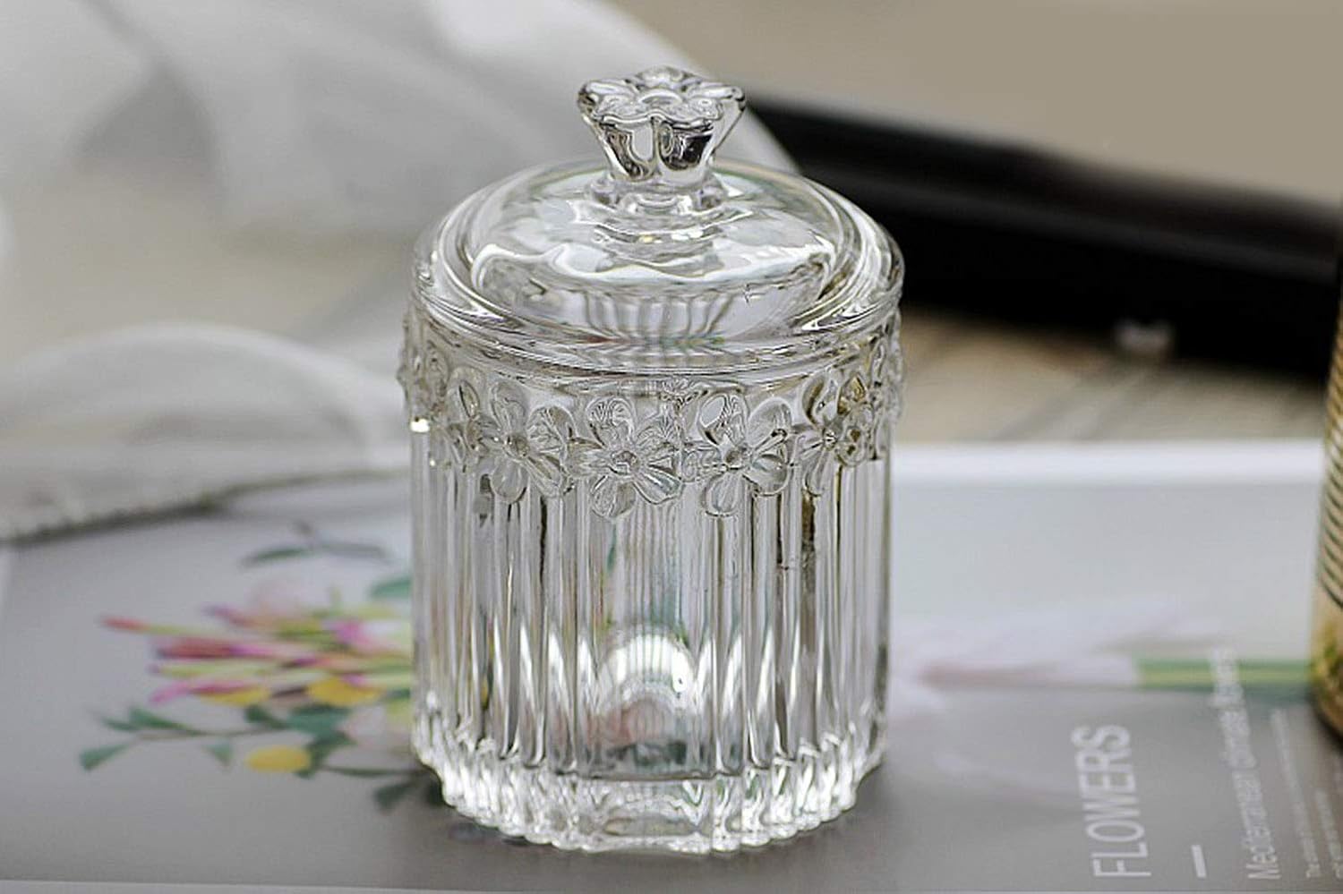Floral Crystal Glass Relief Flower Candy Dish Swab Box Storage Jar with Lid, 5x3.5 inches, 8 oz, 1 Count image 3