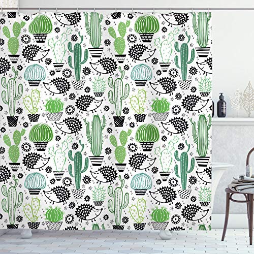 ABAKUHAUS Kaktus Duschvorhang, Hedgehog Saguaro-Karikatur, Stoffliches Gewebe Badezimmerdekorationsset mit Haken, 175 x 200 cm, Grün Schwarz