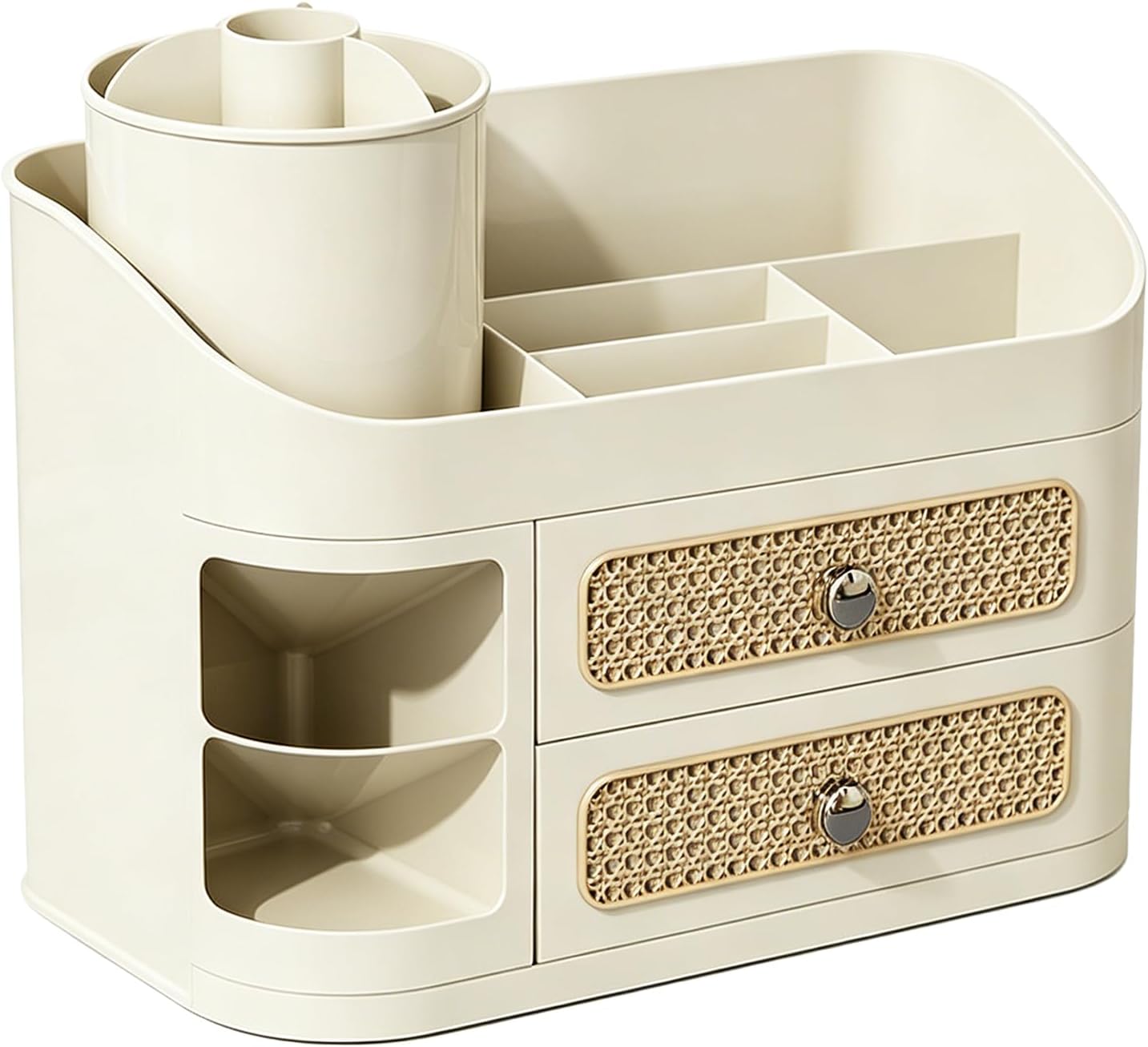 Makeup Organizer with 2 Drawers, Cosmetic Display Case with Brush Holder for Vanity Bathroom Countertop Skin Care Storage (White)