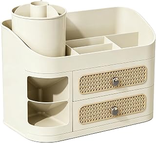 Tosuny Sminkorganizer med 2 Lådor och Borsthållare (White) | Estetisk bambutexturutseende, hudvårdsförvaringsskärm, flerskiktsfodral, skrivbordscaddy för badrum
