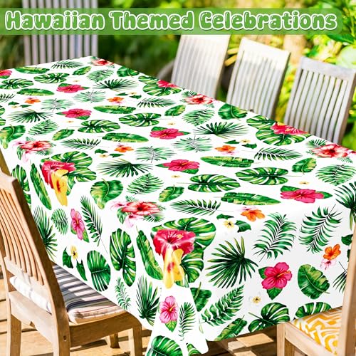 Image of QZYL 4Pcs Luau Party Decorations, 108 inch X 54 inch Floral Leaf Tablecloth, Disposable Plastic Luau Party Decorations, Rectangle Tropical Palm Tablecover for Hawaiian Theme Decor Tropical Summer Beach Pool