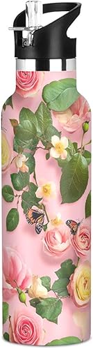 Miniatura 10 de Botella de agua aislada con pajilla, doble pared aislada al vacío, ligera para deportes, viajes y escuela, color amarillo lavanda único