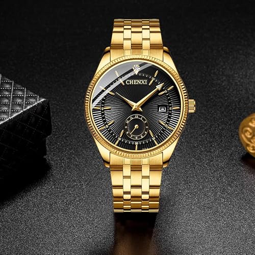 Fanmis Men's Luxury Analog Quartz Gold Wrist Watches Business Stainless Steel Band Dress Wrist Watch Classic Calendar Date Window 3Atm Water Resistant (Black) #TOP6
