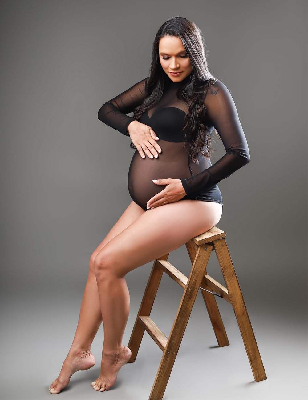 JustVH Maternity Bodysuit for Photoshoot Long Sleeve Sheer Mesh Pregnancy Bodysuit Maternity Photography Outfits - Image 6