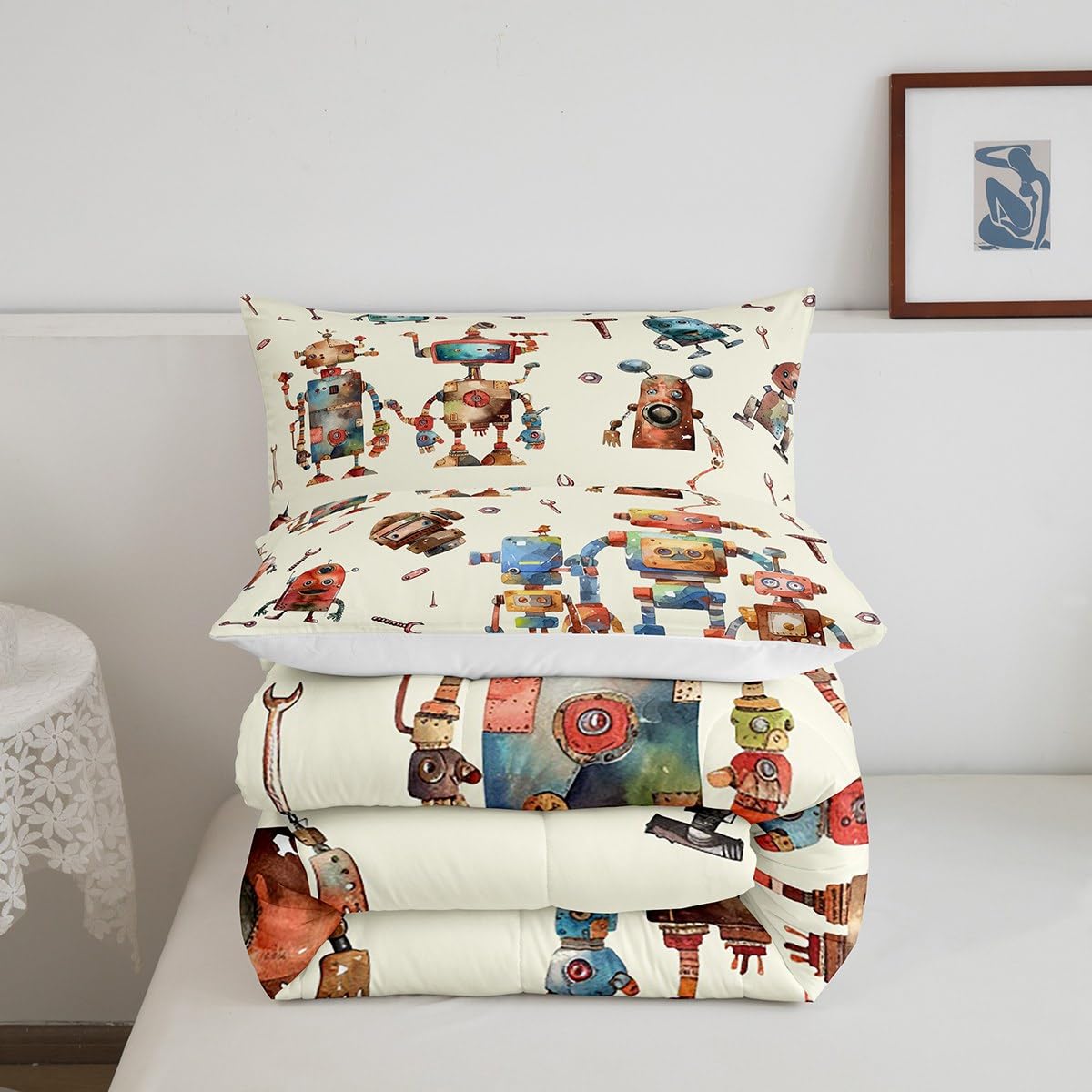 Erosebridal Kawaii Robot Bedding Set - Twin Size Comforter With Pillowcase, Colorful Cartoon Design (Black)